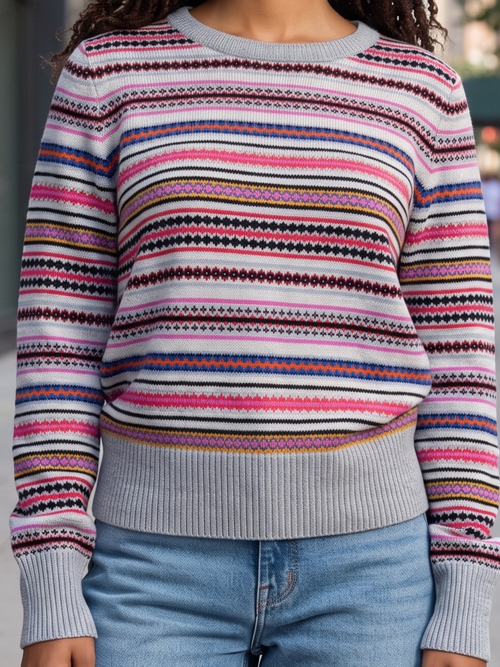 GAP Multistripe Crewneck Crazy Fairisle Sweater in Gray, Pink, Blue Medium